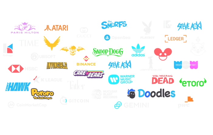 Image showing multiple partners logos (including Care Bears, Snoop Dogg, Binance and multiple more) on a blurred background